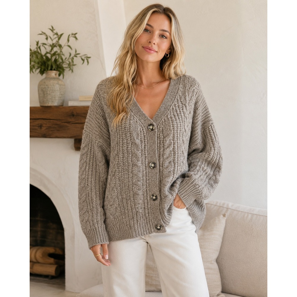 NWT Cozy Earth Oversized Cable Knit Cardigan Greige S *Yak Alpaca Wool $375